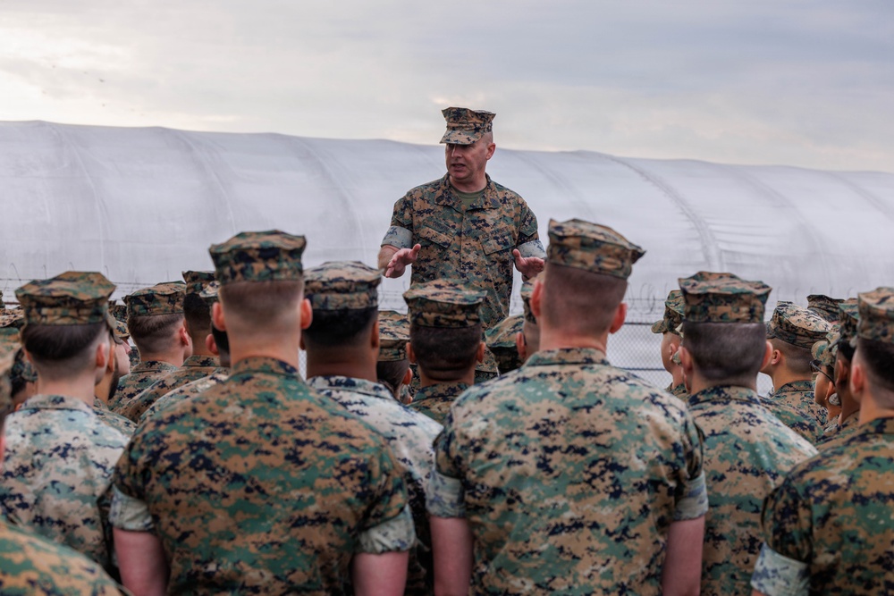Marines aboard Quantico attend a Battalion Brief