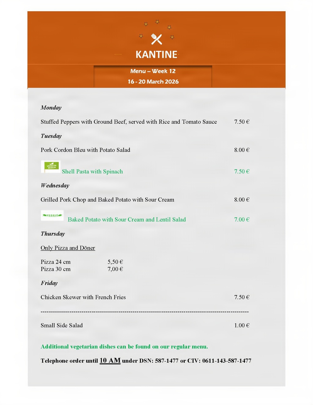 Kantine menu - 16-20 March 2026