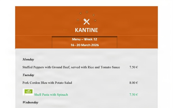 Kantine menu - 16-20 March 2026