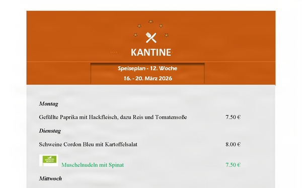 Kantine menu - 16-20 March 2026