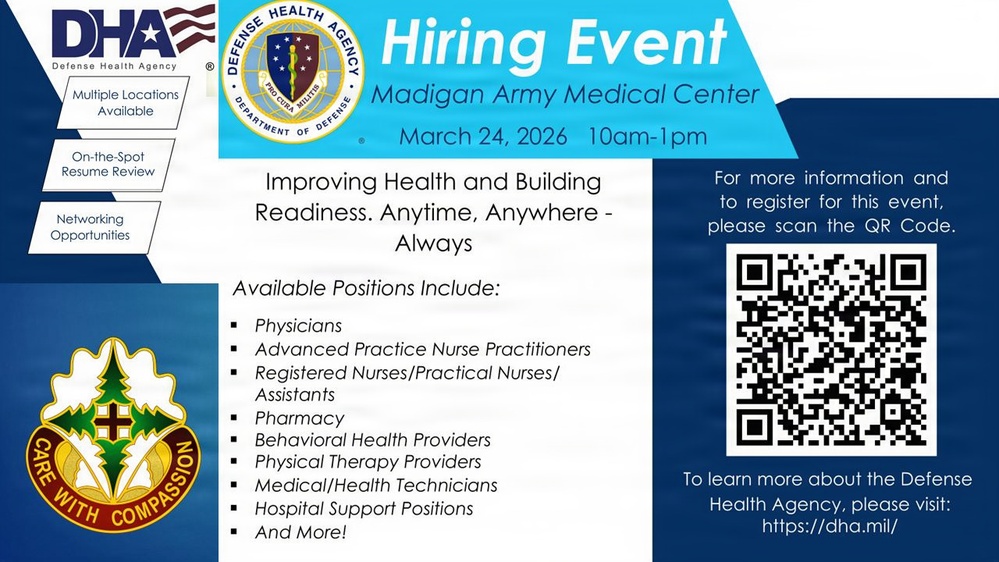 Madigan Hiring Event March 24, 2026 • 10:00 AM – 1:00 PM (MODIFIED GRAPHIC)