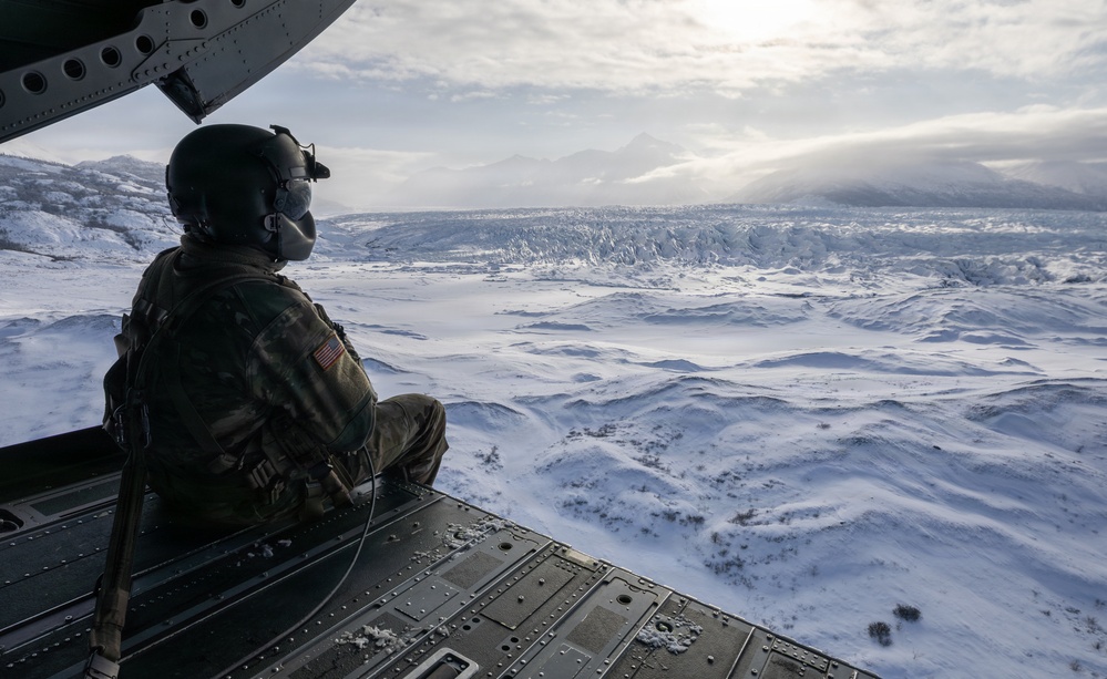 AKARNG Chinook aviators fly over Knik Glacier