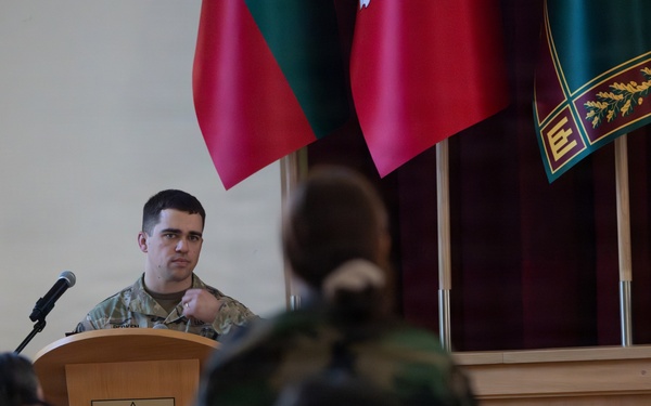 U.S. Civil Affairs subject matter expert speaks on information operations at Lithuanian Military Academy