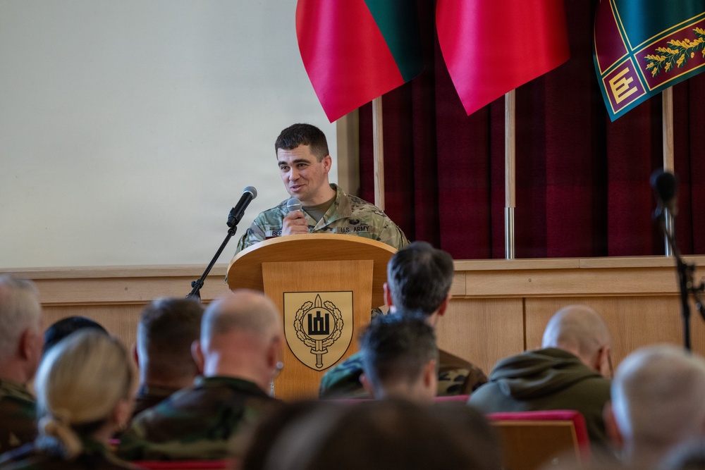 U.S. Army Capt. Jared Berken briefs Lithuanian audience on Civil Affairs and NATO CIMIC