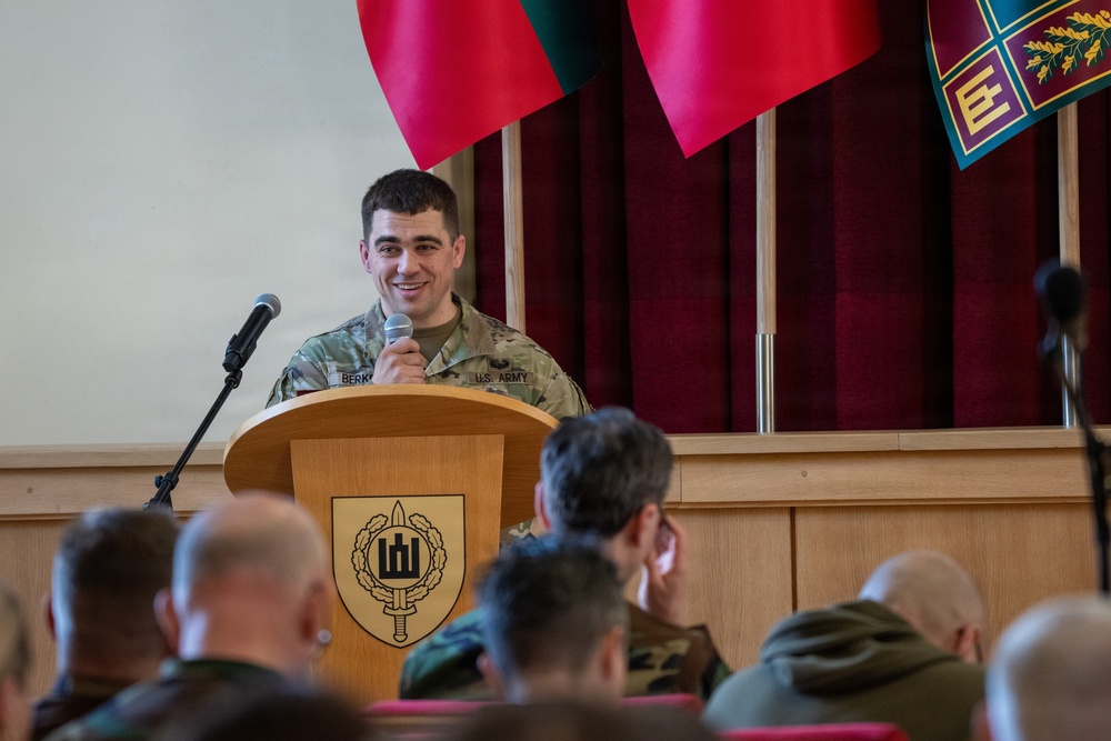 U.S. Army Capt. Jared Berken briefs Lithuanian audience on Civil Affairs and NATO CIMIC