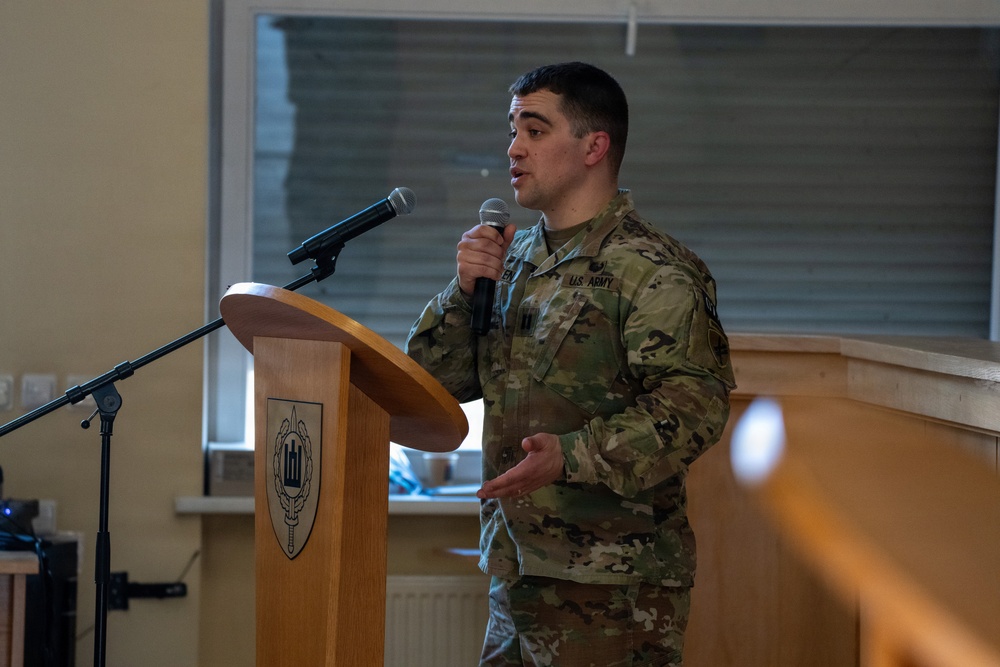 U.S. Army Capt. Jared Berken briefs Lithuanian audience on Civil Affairs and NATO CIMIC