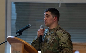 U.S. Army Capt. Jared Berken briefs Lithuanian audience on Civil Affairs and NATO CIMIC