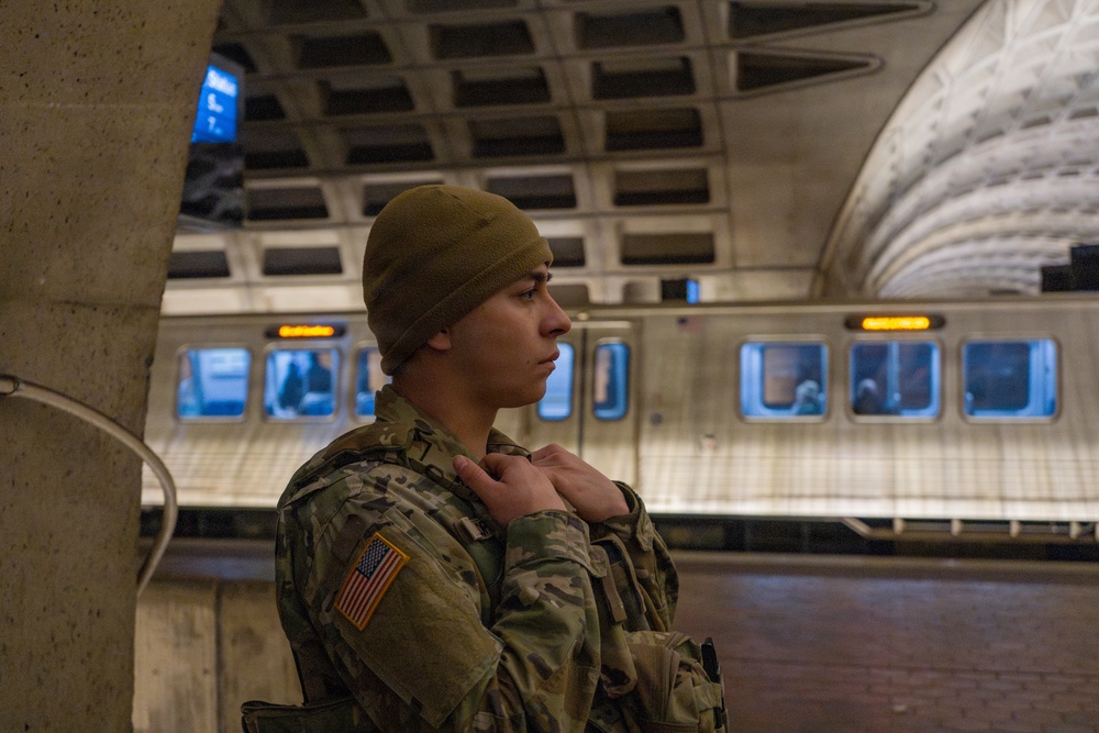 A Joint Task Force Magnolia Soldier patrols in the Washington Metro
