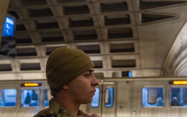 A Joint Task Force Magnolia Soldier patrols in the Washington Metro