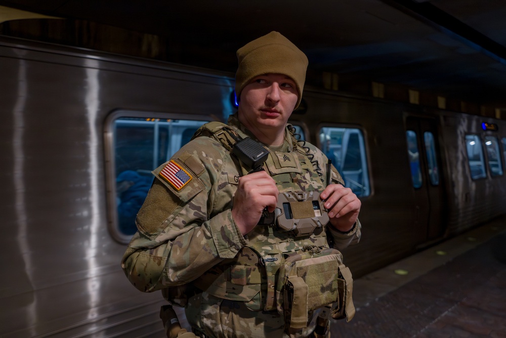 A Joint Task Force Magnolia Soldier patrols in the Washington Metro