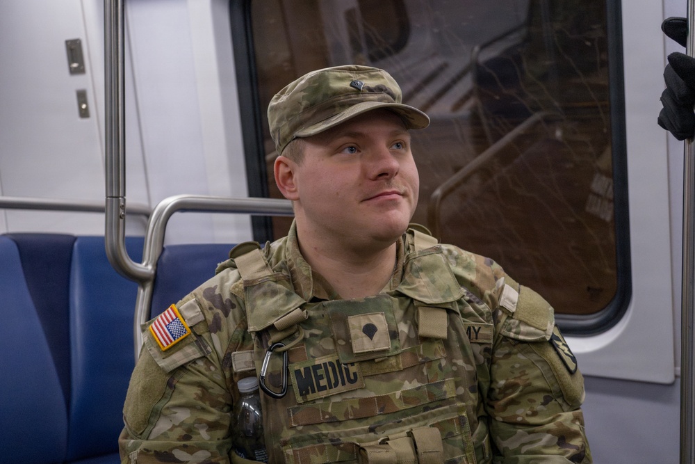 A Joint Task Force Magnolia Soldier patrols in the Washington Metro