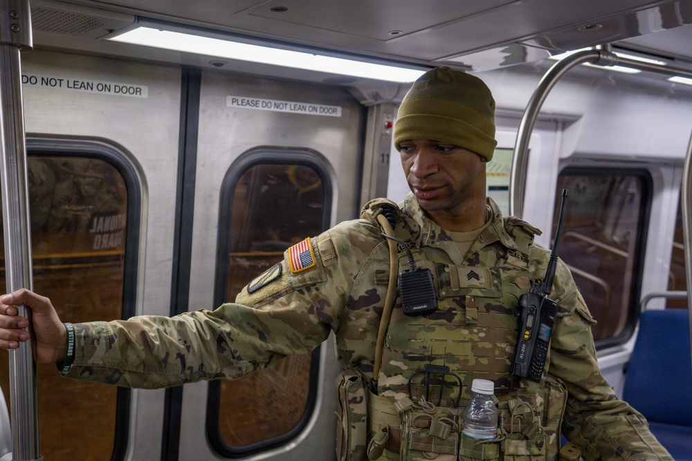 A Joint Task Force Magnolia Soldier patrols in the Washington Metro