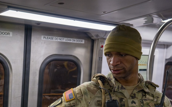 A Joint Task Force Magnolia Soldier patrols in the Washington Metro