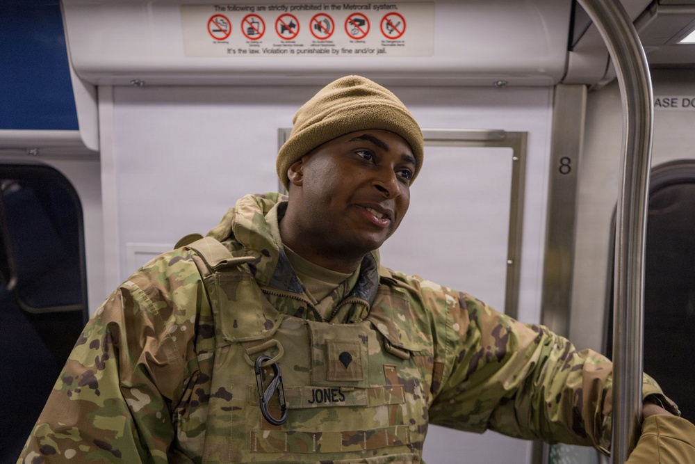 A Joint Task Force Magnolia Soldier patrols in the Washington Metro