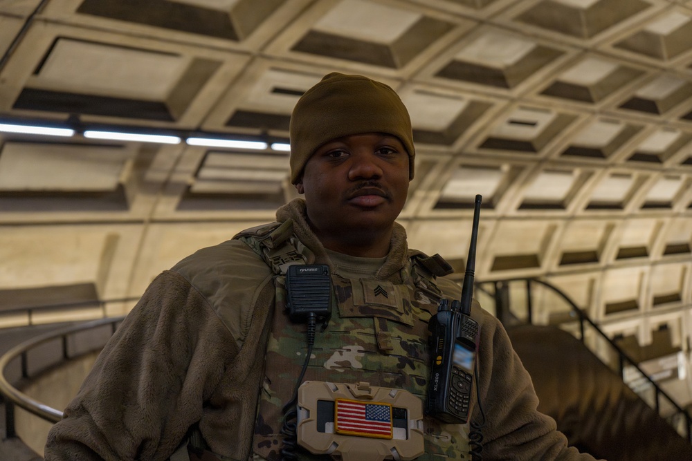 A Joint Task Force Magnolia Soldier patrols in the Washington Metro