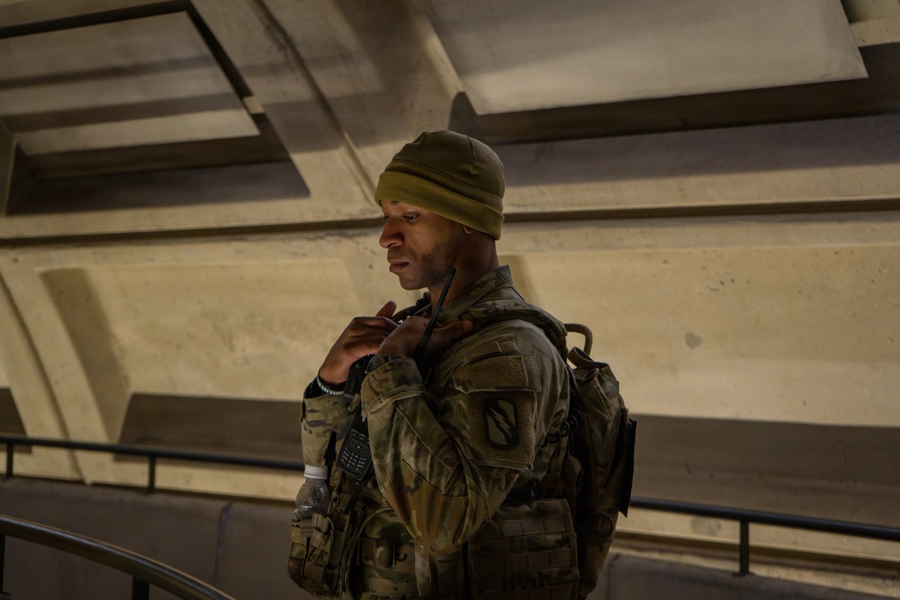 A Joint Task Force Magnolia Soldier patrols in the Washington Metro