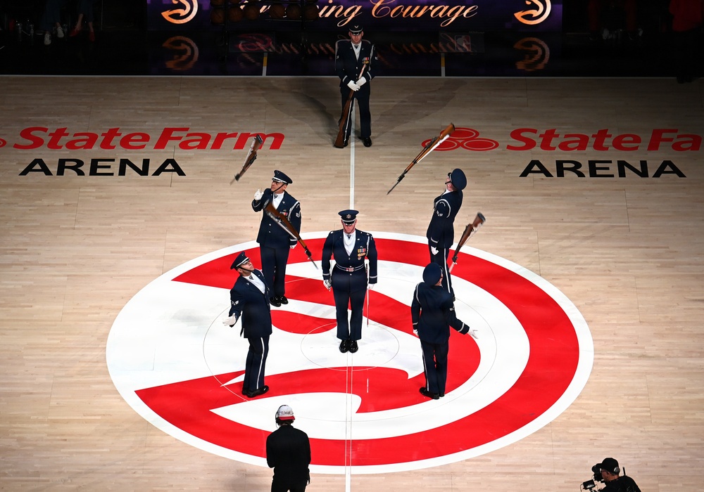Air Force Honor Guard performs during NBA halftime show