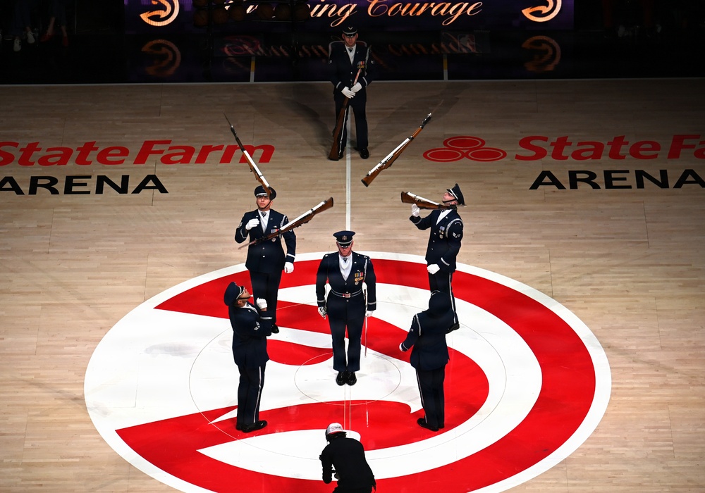 Air Force Honor Guard performs during NBA halftime show
