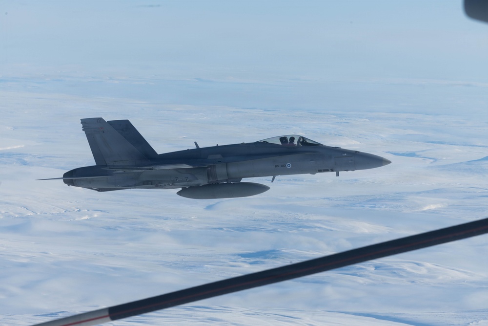 CORE26 | Air-to-air U.S. Marine Refuel Finnish F/A-18 Hornets over Arctic Circle