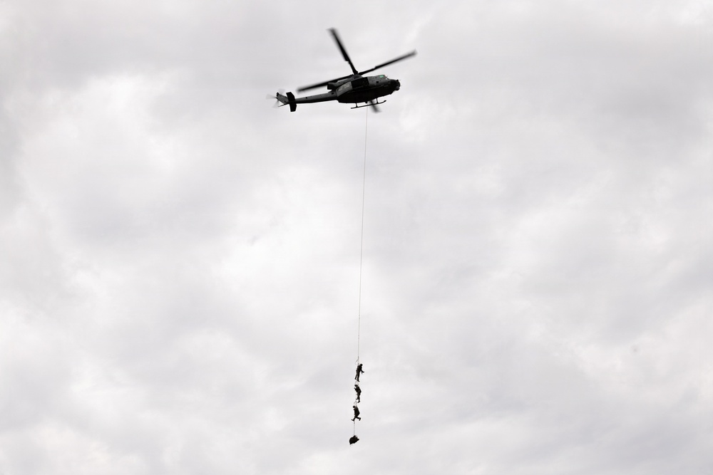 U.S. Marines with 3rd Reconnaissance Battalion conduct a covert landing in a simulated hostile environment