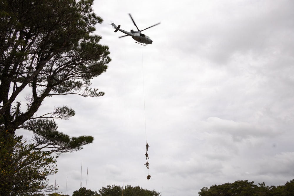 U.S. Marines with 3rd Reconnaissance Battalion conduct a covert landing in a simulated hostile environment