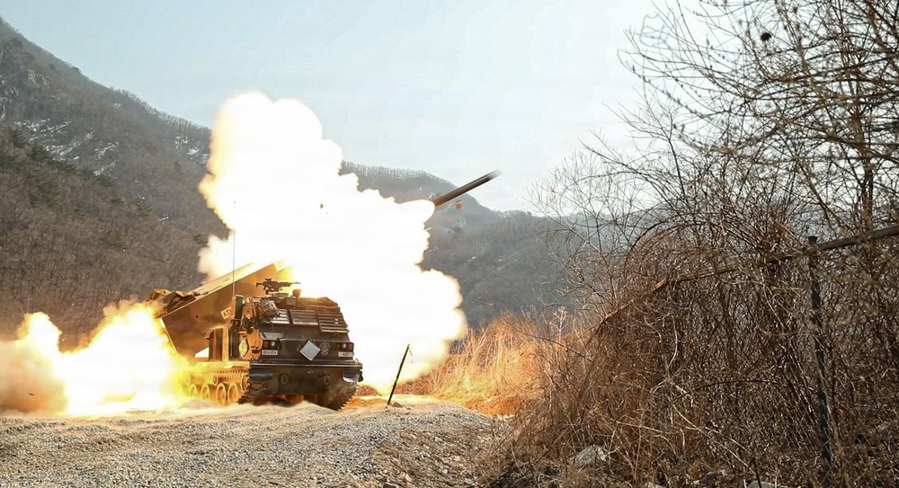 M270A2 Multi Launch Rocket System fires a rocket at Rocket Valley