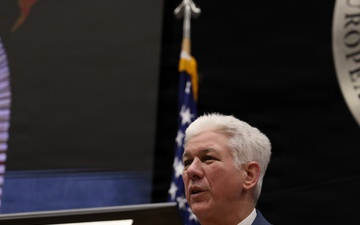 Retired U.S. Air Force. Maj. Gen. Barre Seguin delivers final remarks during the Strategic Competition and Russia course