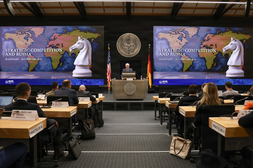 U.S. Marine Corps Col. Adam Jeppe delivers closing remarks at Strategic Competition and Russia course