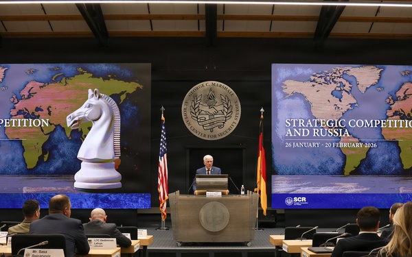 U.S. Marine Corps Col. Adam Jeppe delivers closing remarks at Strategic Competition and Russia course