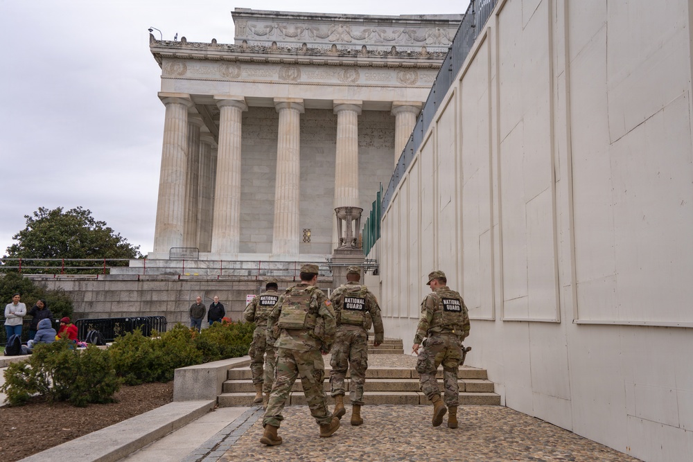 Joint Task Force Magnolia Soldiers patrol at the Lincoln Memorial