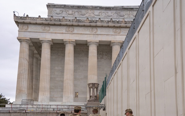 Joint Task Force Magnolia Soldiers patrol at the Lincoln Memorial