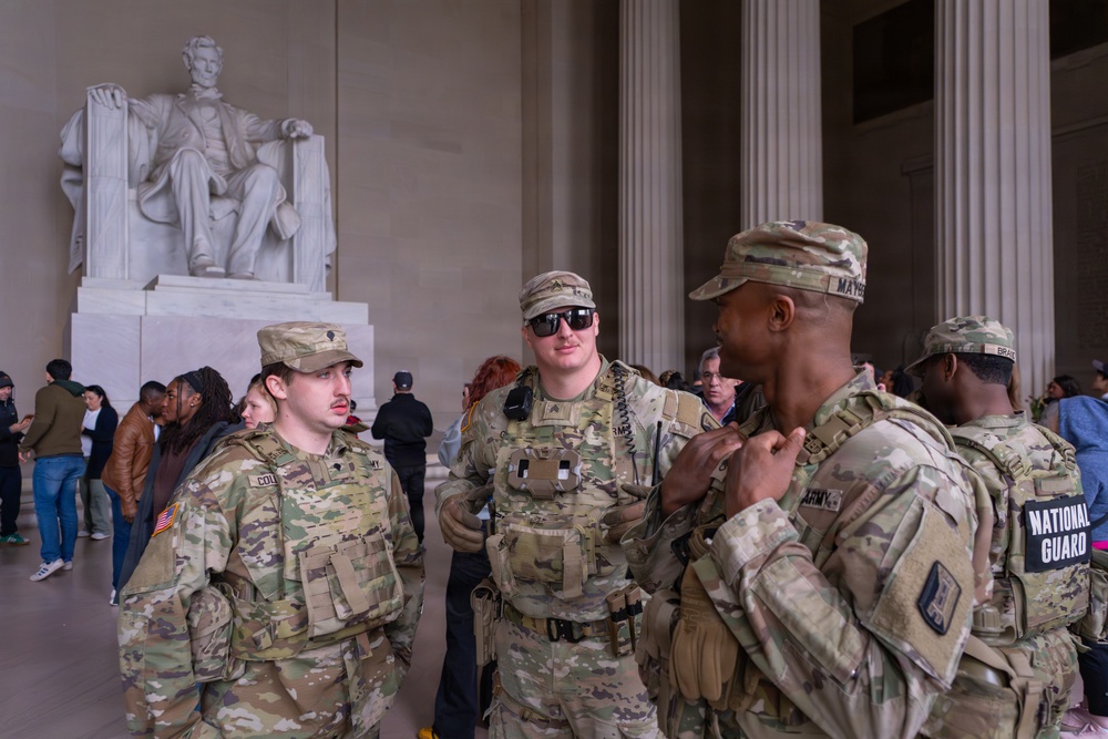 Joint Task Force Magnolia Soldiers patrol at the Lincoln Memorial