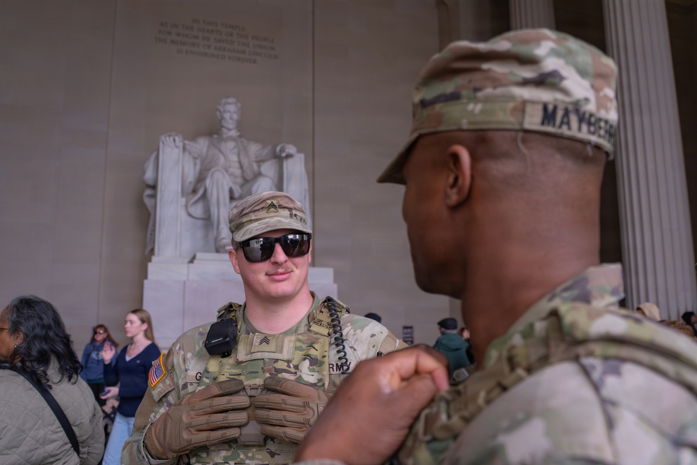 Joint Task Force Magnolia Soldiers patrol at the Lincoln Memorial