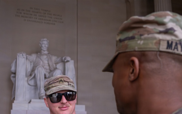 Joint Task Force Magnolia Soldiers patrol at the Lincoln Memorial