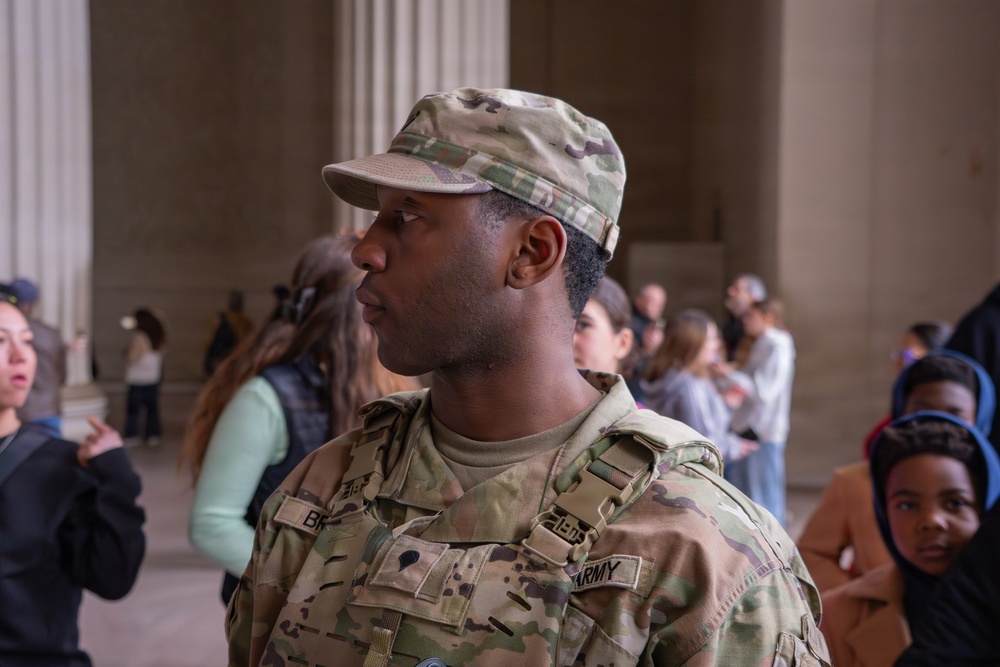 Joint Task Force Magnolia Soldiers patrol at the Lincoln Memorial