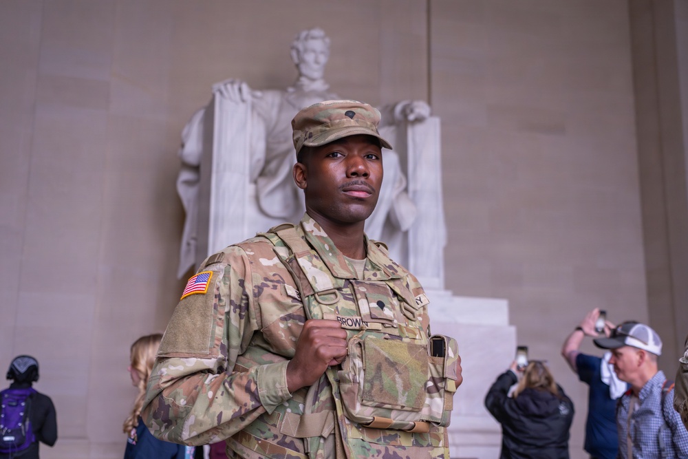 Joint Task Force Magnolia Soldiers patrol at the Lincoln Memorial