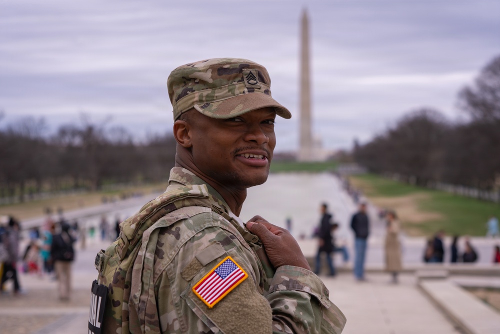 Joint Task Force Magnolia Soldiers patrol at the Lincoln Memorial