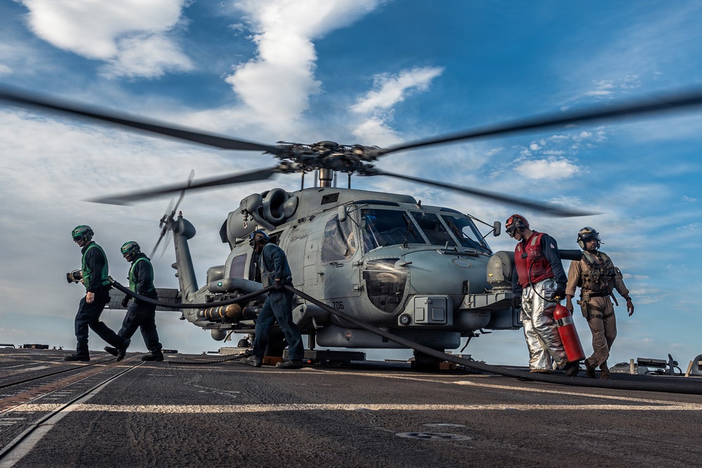 USS Bainbridge conducts flight quarters during Operation Epic Fury