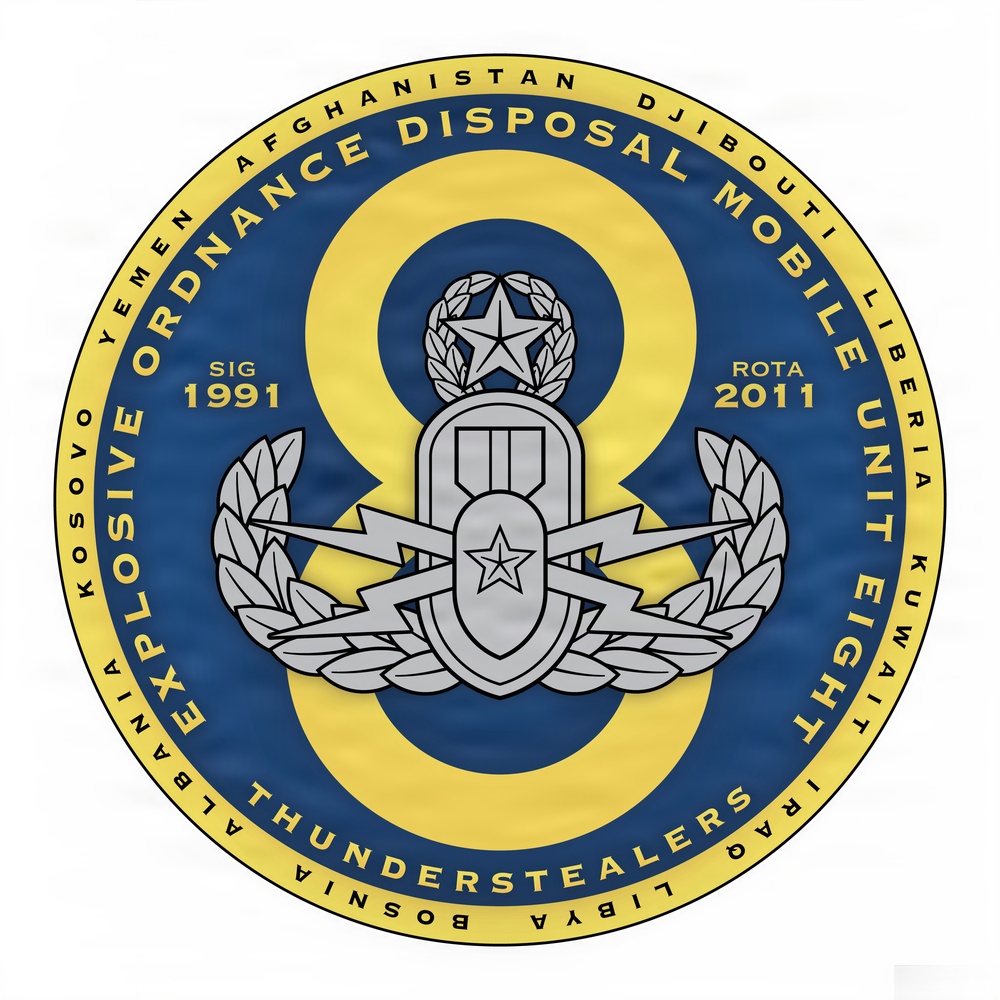 The official command logo of Explosive Ordnance Disposal Mobile Unit EIGHT (EODMU-8).