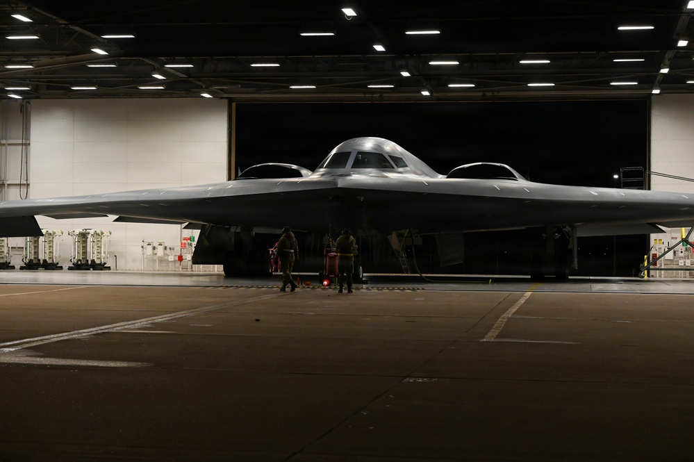 B-2 Spirit stealth bomber prepares to take off during Operation Epic Fury
