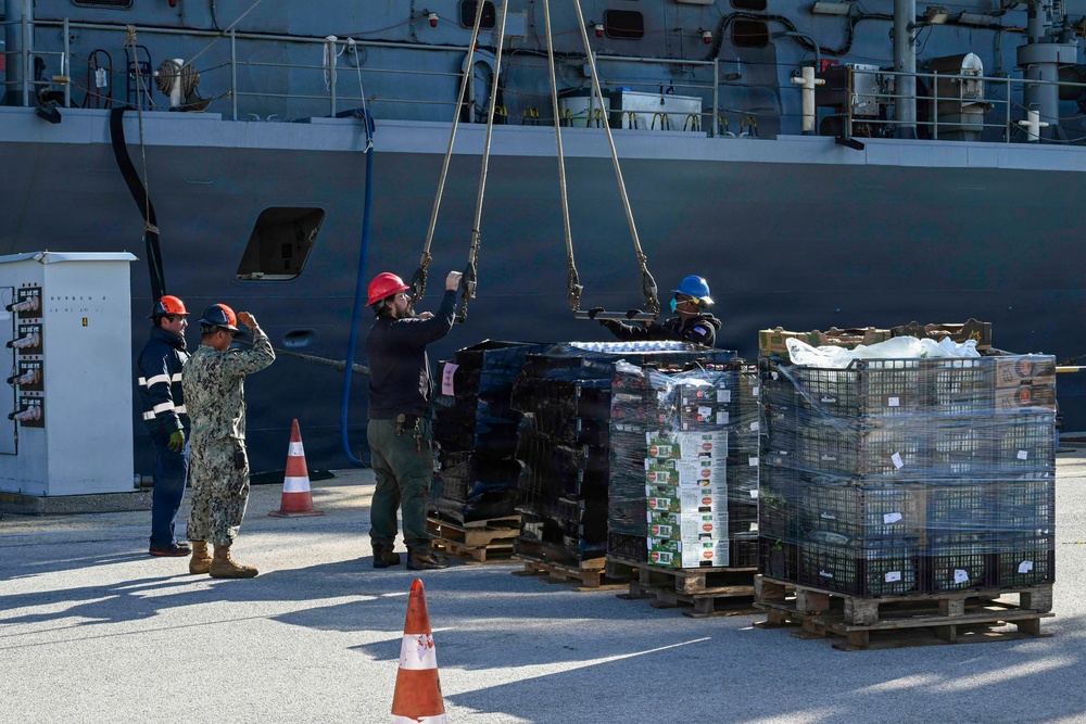 USS Mount Whitney stores replenishment on NAVSTA Rota