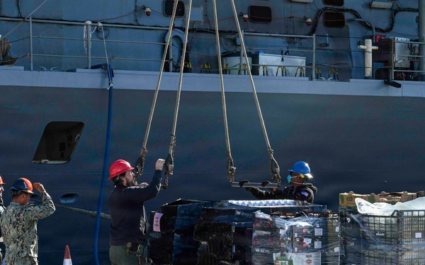 USS Mount Whitney stores replenishment on NAVSTA Rota