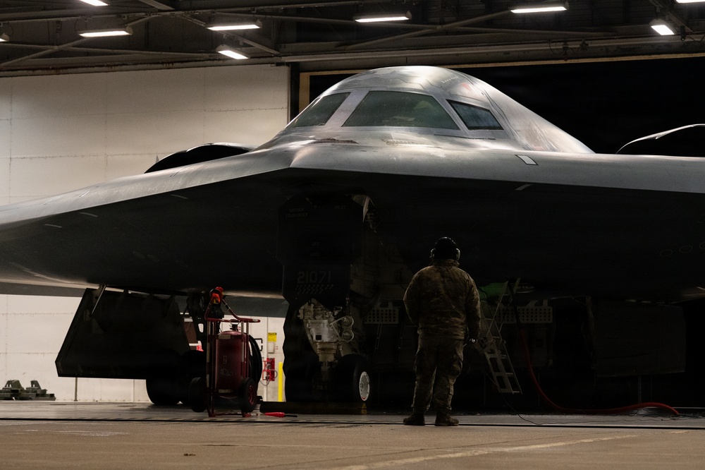A B-2 Spirit stealth bomber prepares to take off during Operation Epic Fury
