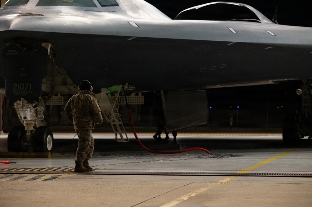B-2 Spirit stealth bomber prepares to take off during Operation Epic Fury