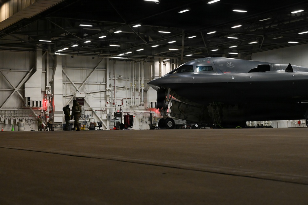 A B-2 Spirit stealth bomber prepares to take off during Operation Epic Fury