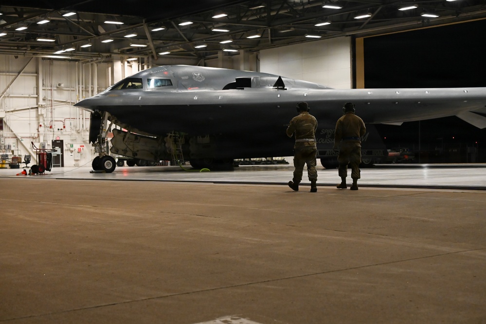 A B-2 Spirit stealth bomber prepares to take off during Operation Epic Fury