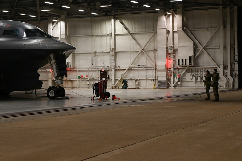 A B-2 Spirit stealth bomber prepares to take off during Operation Epic Fury