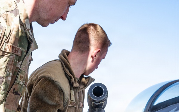 Weapons backshop inspects a gun on an F-16 Fighting Falcon