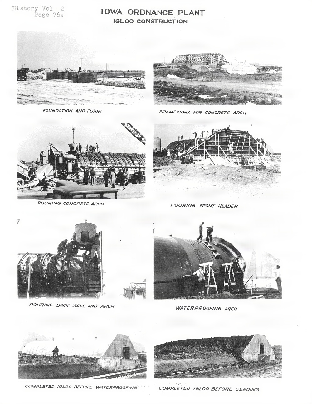 Historical Document displaying Igloo construction at the Iowa Army Ammunition Plant, which was previously known as Iowa Ordnance Plant upon it's construction.