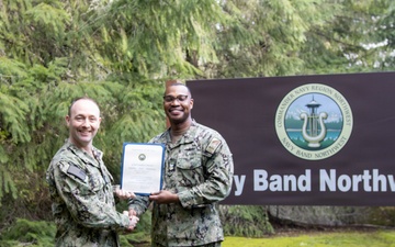 Lt. David Drescher Presents Musician 1st Class Brian Mathis with Good Conduct Award, 4th Award